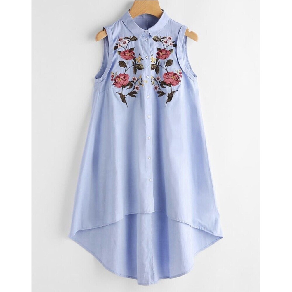 STRADIVARIUS Blue Embroidered Floral Hi Low Tunic Shirt Dress Sleeveless M